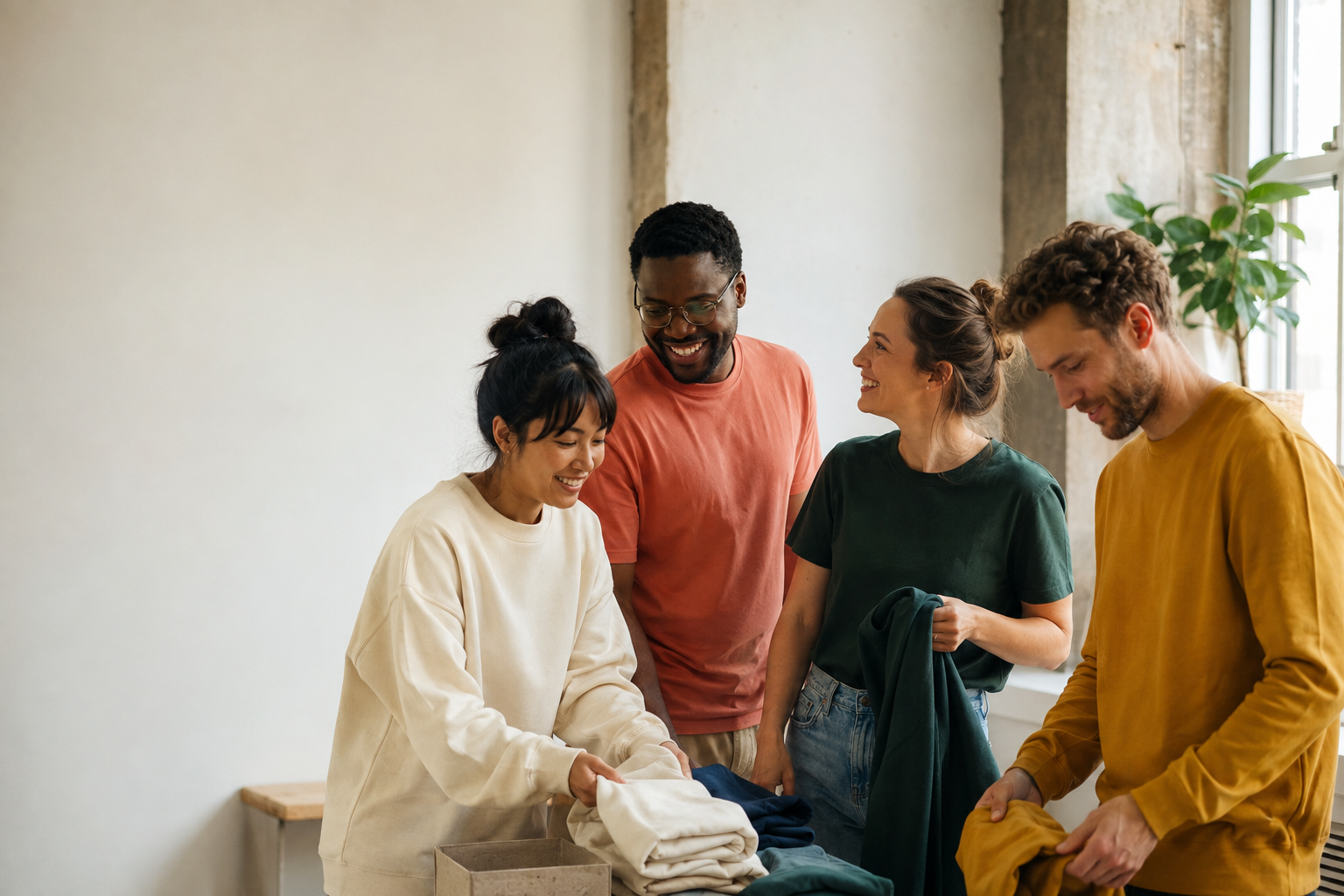 A community group wearing coordinated blank apparel